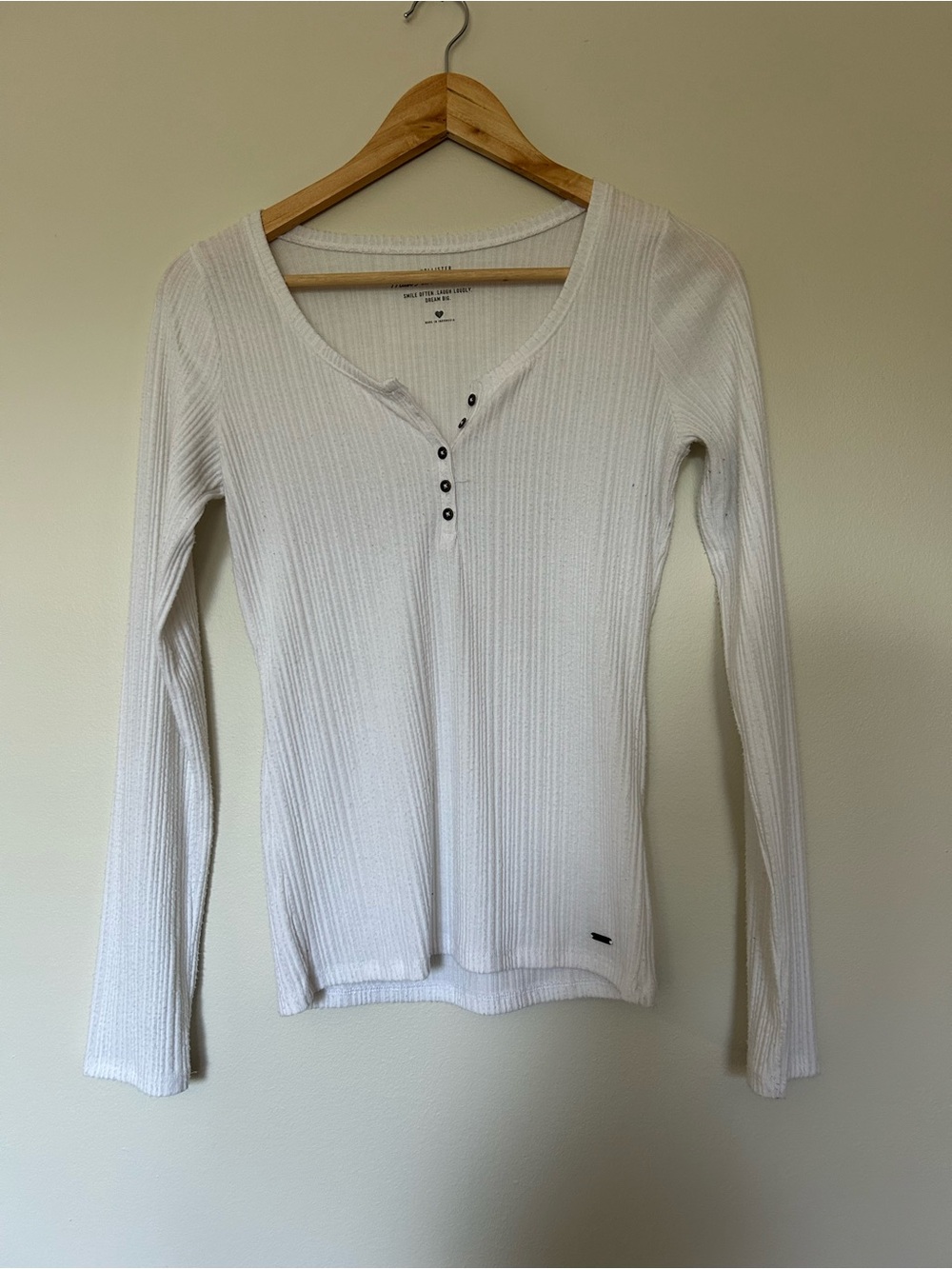 Hollister White Ribbed Henley Long-Sleeve Top